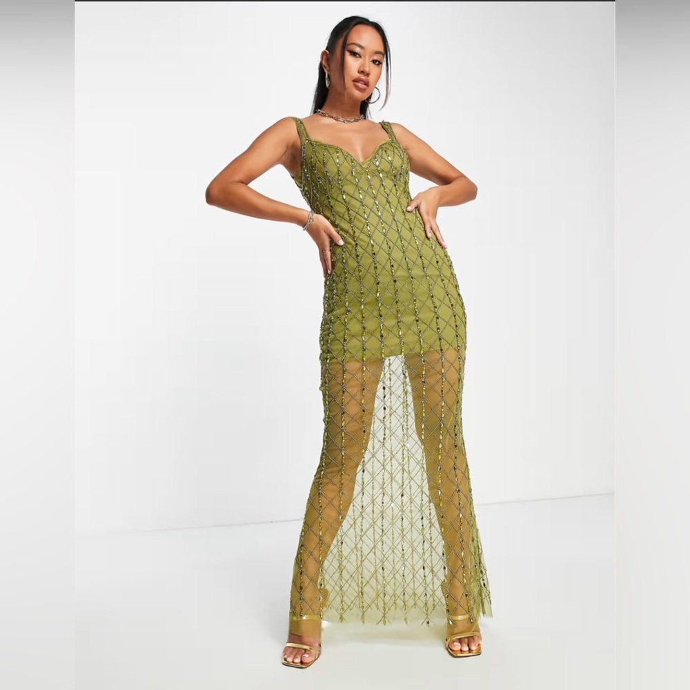 NWT ASOS All Over Embellished Sequin Beaded Maxi Slip Dress in Olive Sz 6